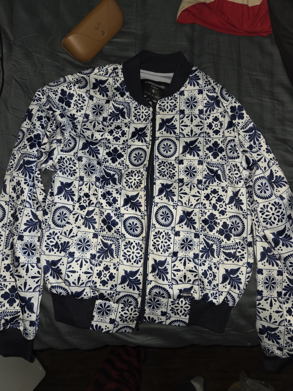 Patterned Navy & White Bomber Jacket - Unbranded